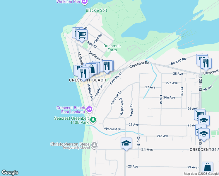 map of restaurants, bars, coffee shops, grocery stores, and more near 2724 Bayview Street in Surrey