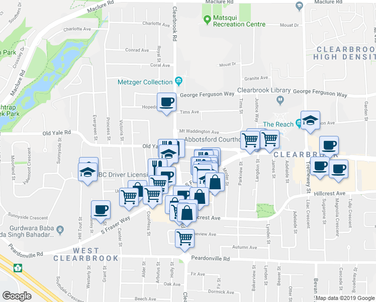 map of restaurants, bars, coffee shops, grocery stores, and more near in Abbotsford