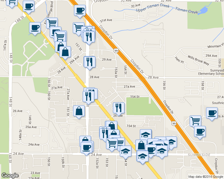 map of restaurants, bars, coffee shops, grocery stores, and more near in Surrey