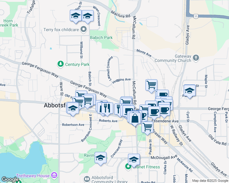 map of restaurants, bars, coffee shops, grocery stores, and more near 33460 Conway Place in Abbotsford
