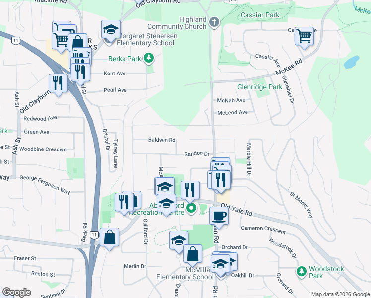 map of restaurants, bars, coffee shops, grocery stores, and more near 2725 Sandon Drive in Abbotsford