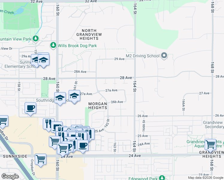 map of restaurants, bars, coffee shops, grocery stores, and more near 16308 27A Avenue in Surrey