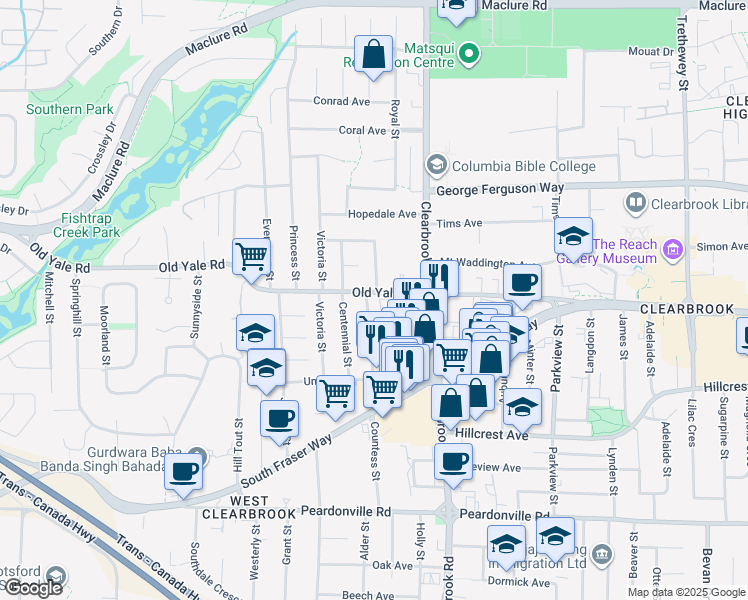 map of restaurants, bars, coffee shops, grocery stores, and more near 31908 Old Yale Road in Abbotsford