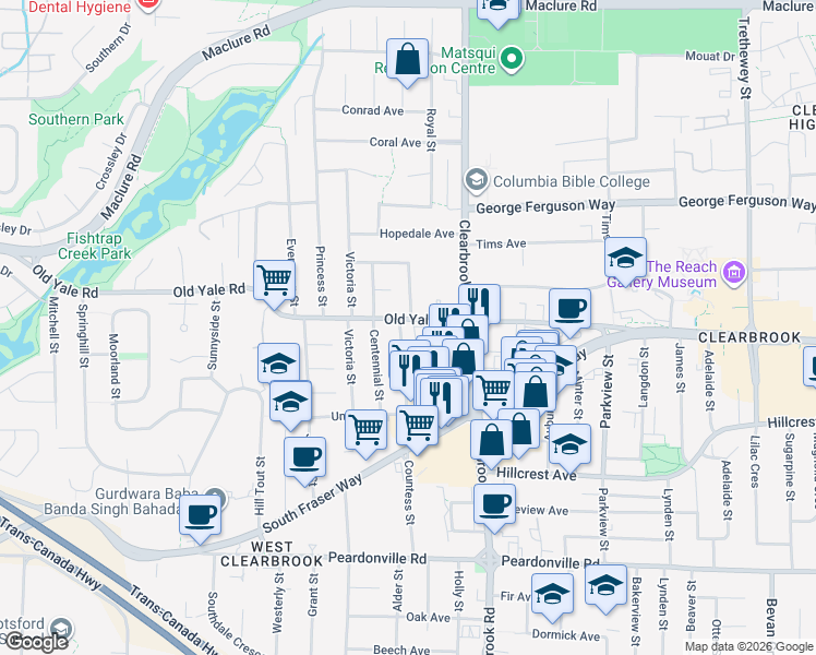 map of restaurants, bars, coffee shops, grocery stores, and more near 2730 Countess Street in Abbotsford
