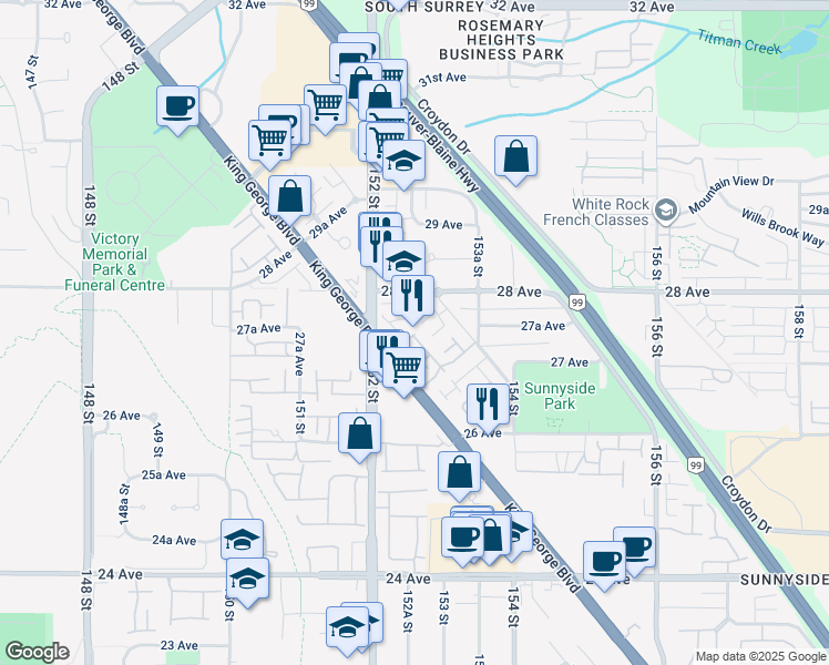 map of restaurants, bars, coffee shops, grocery stores, and more near 2678 King George Boulevard in Surrey
