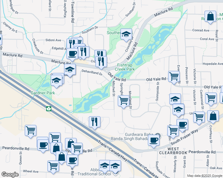 map of restaurants, bars, coffee shops, grocery stores, and more near 2727 Mitchell Street in Abbotsford