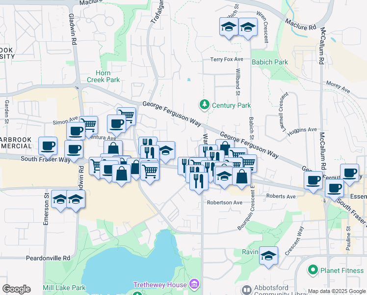 map of restaurants, bars, coffee shops, grocery stores, and more near in Abbotsford