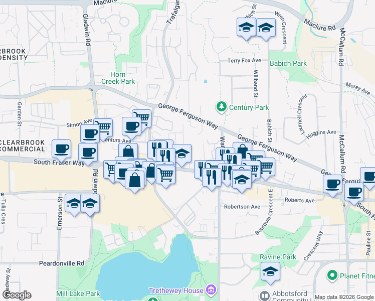 map of restaurants, bars, coffee shops, grocery stores, and more near 33119 South Fraser Way in Abbotsford