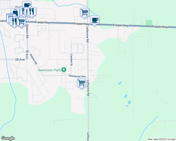 map of restaurants, bars, coffee shops, grocery stores, and more near Lefeuvre Road in Abbotsford