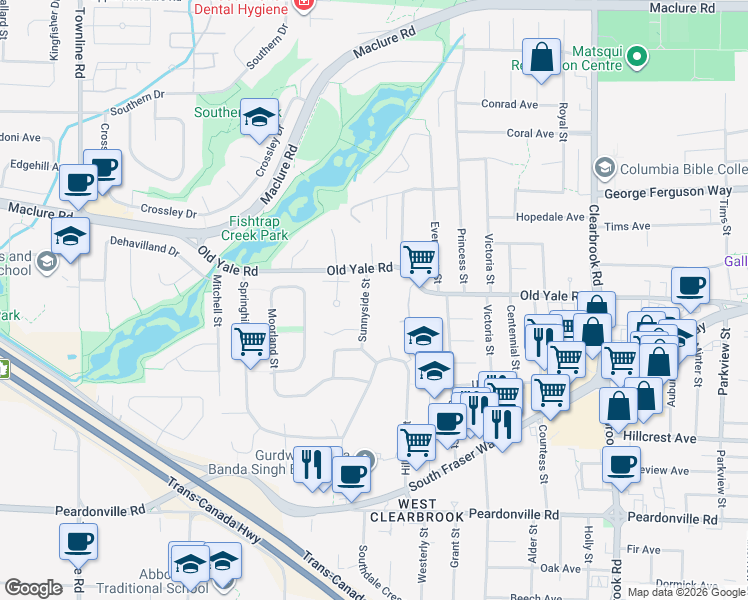 map of restaurants, bars, coffee shops, grocery stores, and more near 2746 Sunnyside Street in Abbotsford