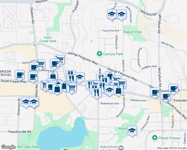 map of restaurants, bars, coffee shops, grocery stores, and more near 33165 Old Yale Road in Abbotsford
