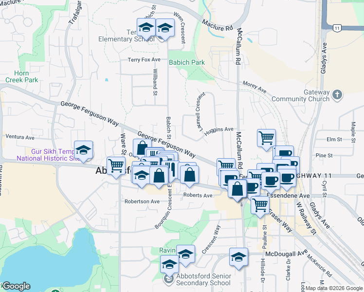 map of restaurants, bars, coffee shops, grocery stores, and more near in Abbotsford