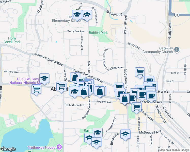 map of restaurants, bars, coffee shops, grocery stores, and more near 33393 George Ferguson Way in Abbotsford