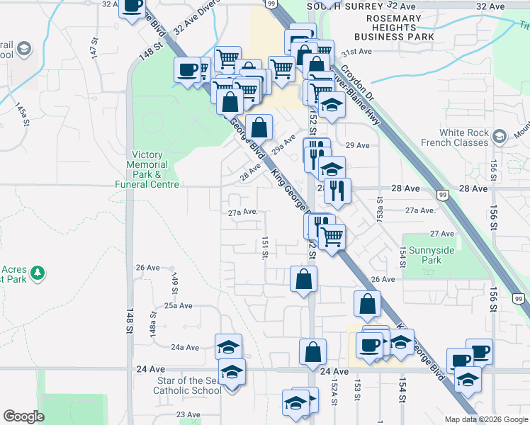 map of restaurants, bars, coffee shops, grocery stores, and more near 2672 151 Street in Surrey