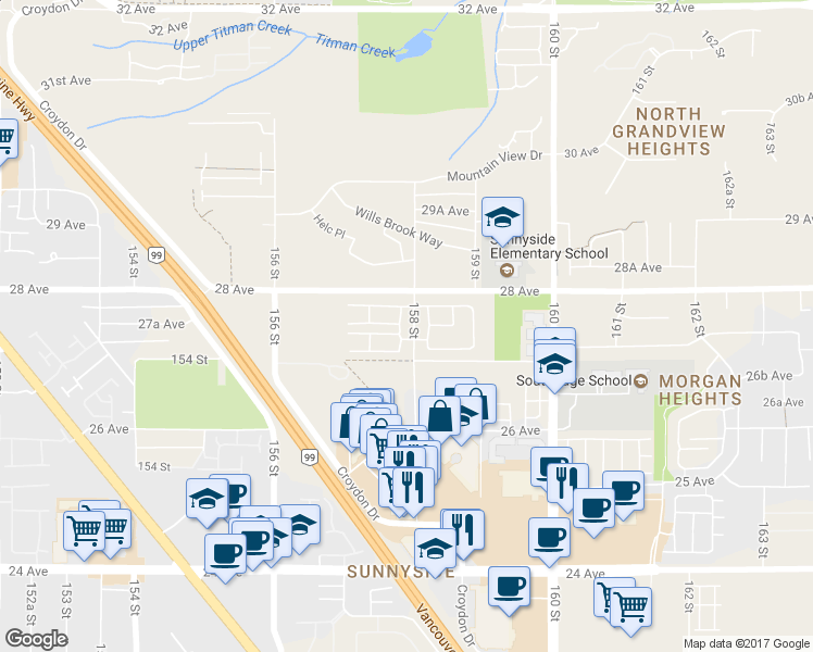 map of restaurants, bars, coffee shops, grocery stores, and more near in Surrey