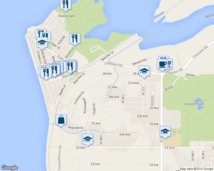 map of restaurants, bars, coffee shops, grocery stores, and more near 12509 27 Avenue in Surrey