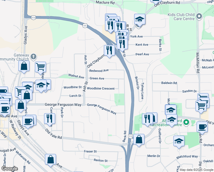 map of restaurants, bars, coffee shops, grocery stores, and more near 34305 Woodbine Crescent in Abbotsford