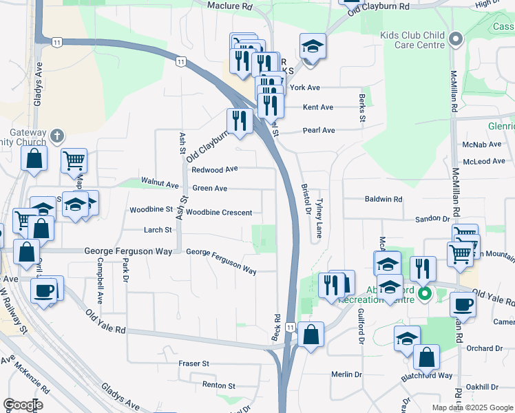 map of restaurants, bars, coffee shops, grocery stores, and more near 34357 Woodbine Crescent in Abbotsford