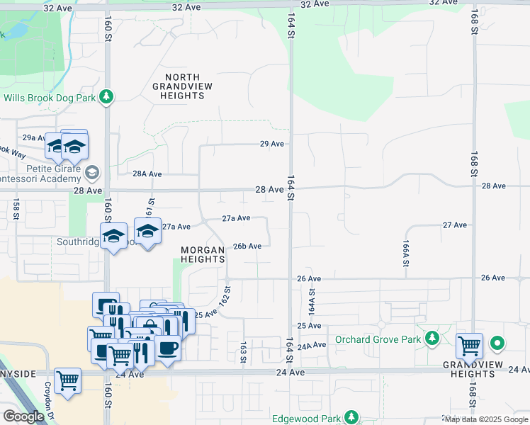 map of restaurants, bars, coffee shops, grocery stores, and more near 16329 27A Avenue in Surrey