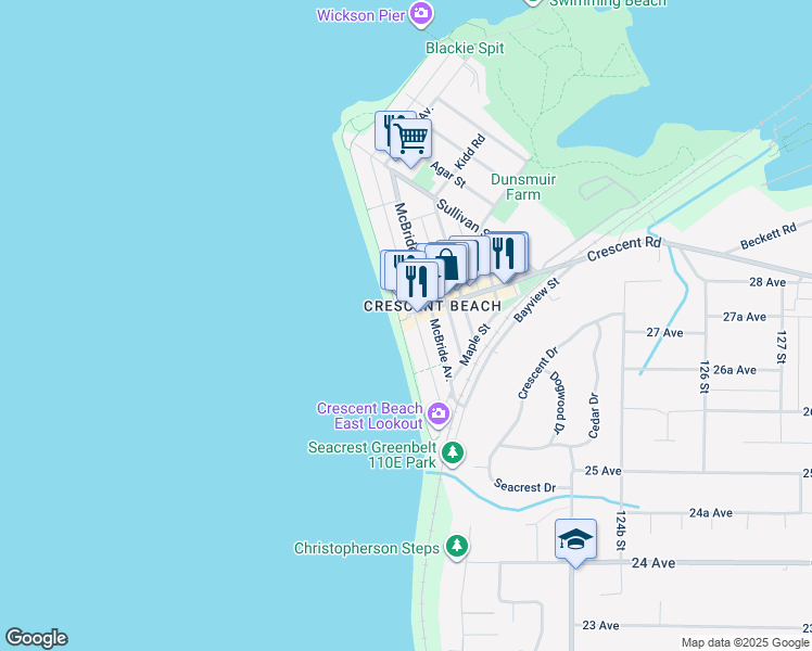 map of restaurants, bars, coffee shops, grocery stores, and more near 12160 Beecher Street in Surrey