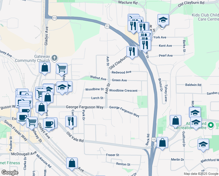 map of restaurants, bars, coffee shops, grocery stores, and more near 34201 Woodbine Crescent in Abbotsford