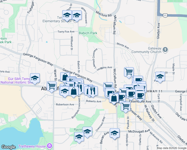 map of restaurants, bars, coffee shops, grocery stores, and more near 33450 Huggins Avenue in Abbotsford