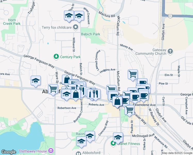 map of restaurants, bars, coffee shops, grocery stores, and more near 33450 Huggins Avenue in Abbotsford