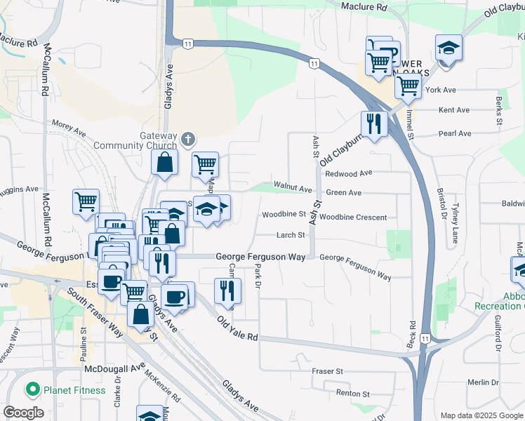 map of restaurants, bars, coffee shops, grocery stores, and more near 34059 Woodbine Street in Abbotsford