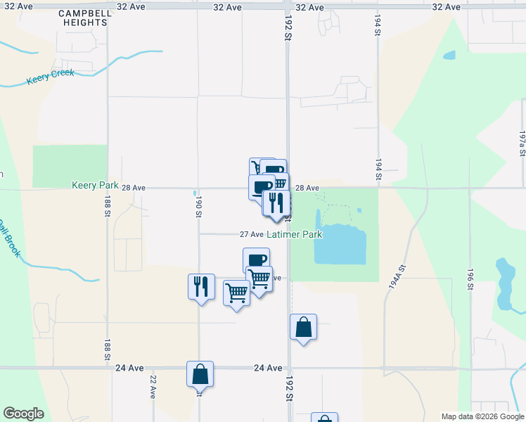 map of restaurants, bars, coffee shops, grocery stores, and more near 19140 28 Avenue in Surrey
