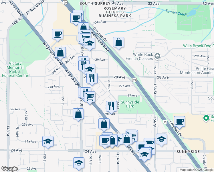 map of restaurants, bars, coffee shops, grocery stores, and more near 2751 153A Street in Surrey