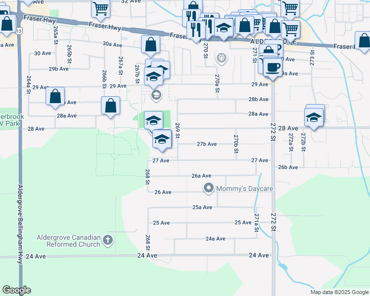 map of restaurants, bars, coffee shops, grocery stores, and more near 26910 27B Avenue in Langley Township