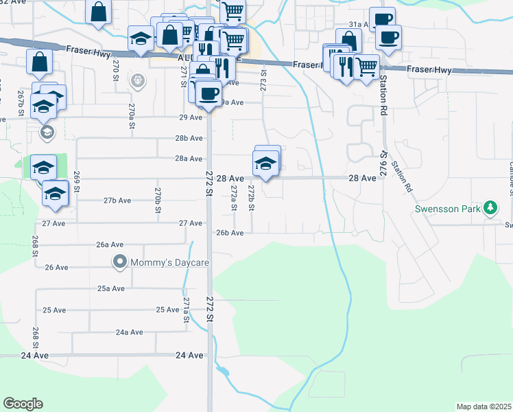 map of restaurants, bars, coffee shops, grocery stores, and more near 2740 272B Street in Langley Township
