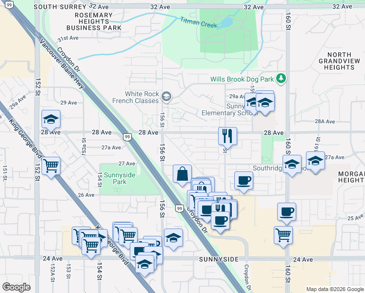 map of restaurants, bars, coffee shops, grocery stores, and more near 15688 28 Avenue in Surrey