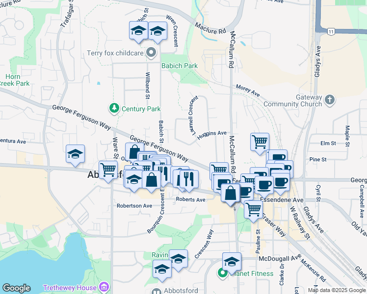 map of restaurants, bars, coffee shops, grocery stores, and more near 33430 Huggins Avenue in Abbotsford