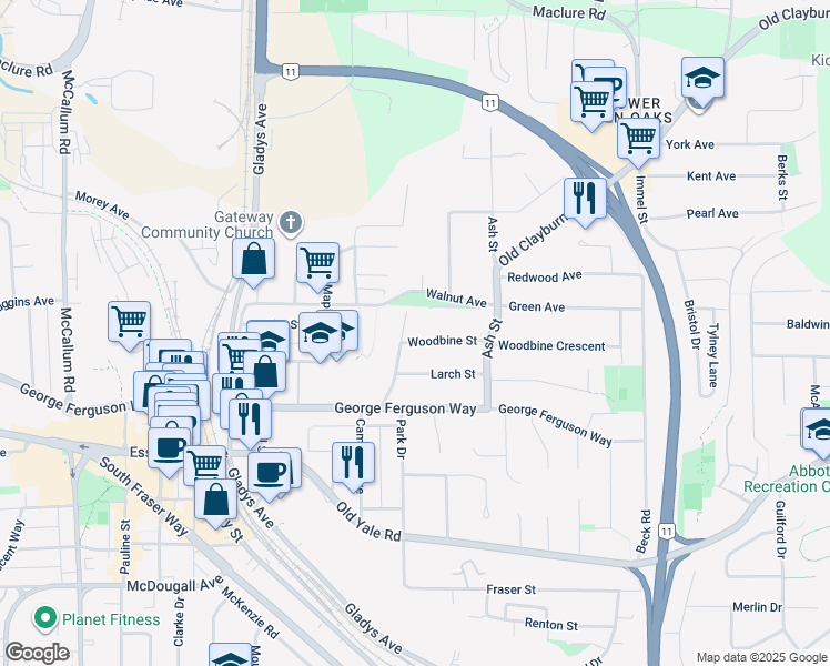 map of restaurants, bars, coffee shops, grocery stores, and more near 34075 Woodbine Street in Abbotsford