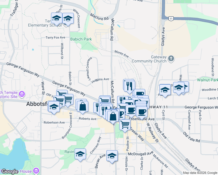map of restaurants, bars, coffee shops, grocery stores, and more near 2765 McCallum Road in Abbotsford