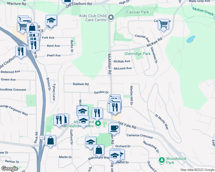 map of restaurants, bars, coffee shops, grocery stores, and more near 2751 McMillan Road in Abbotsford