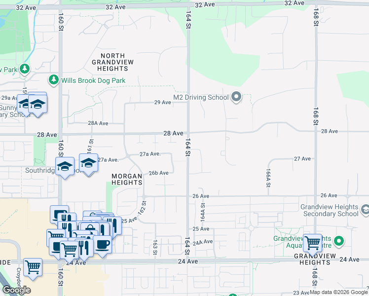 map of restaurants, bars, coffee shops, grocery stores, and more near 2751 164 Street in Surrey