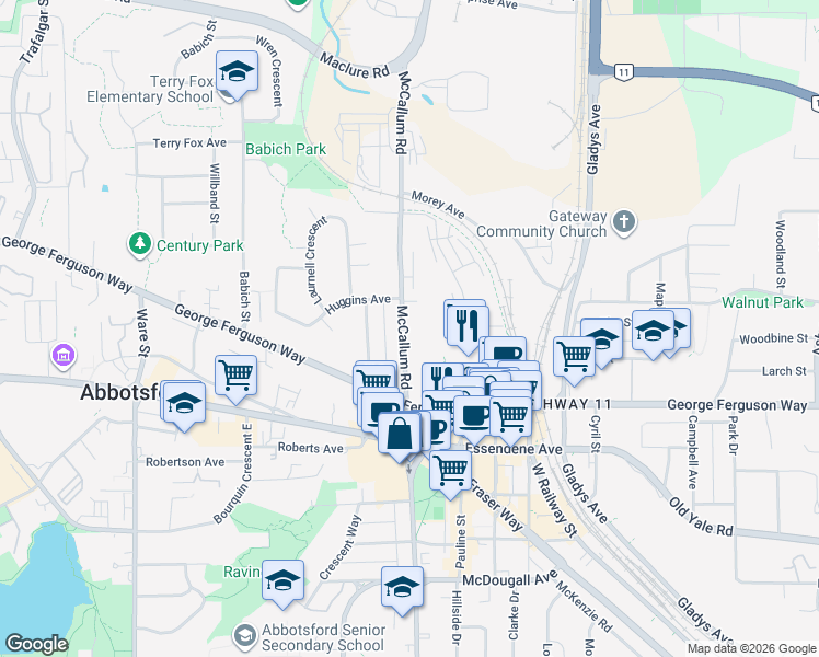 map of restaurants, bars, coffee shops, grocery stores, and more near 2780 McCallum Road in Abbotsford