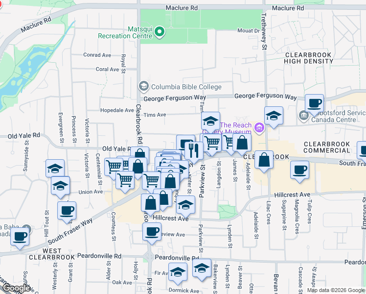 map of restaurants, bars, coffee shops, grocery stores, and more near 32151 South Fraser Way in Abbotsford