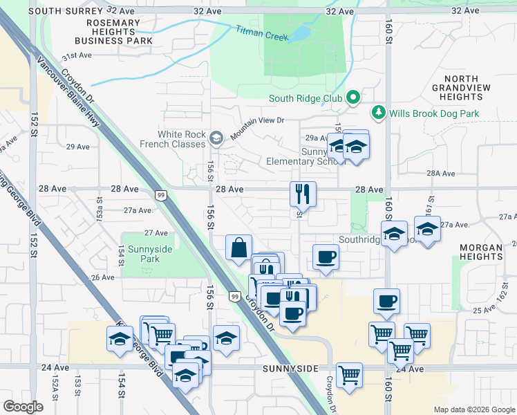 map of restaurants, bars, coffee shops, grocery stores, and more near 2729 158 Street in Surrey