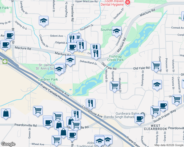 map of restaurants, bars, coffee shops, grocery stores, and more near 2747 Dehavilland Place in Abbotsford