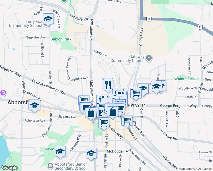 map of restaurants, bars, coffee shops, grocery stores, and more near 2771 Montrose Avenue in Abbotsford