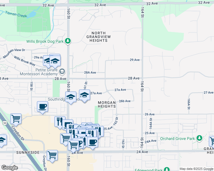 map of restaurants, bars, coffee shops, grocery stores, and more near 2766 162 Street in Surrey