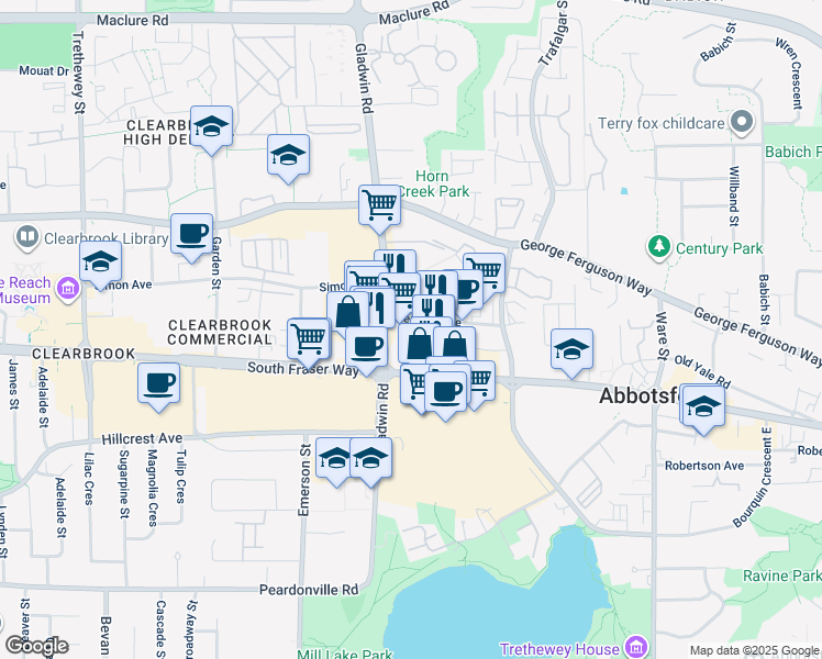 map of restaurants, bars, coffee shops, grocery stores, and more near 32838 Ventura Avenue in Abbotsford