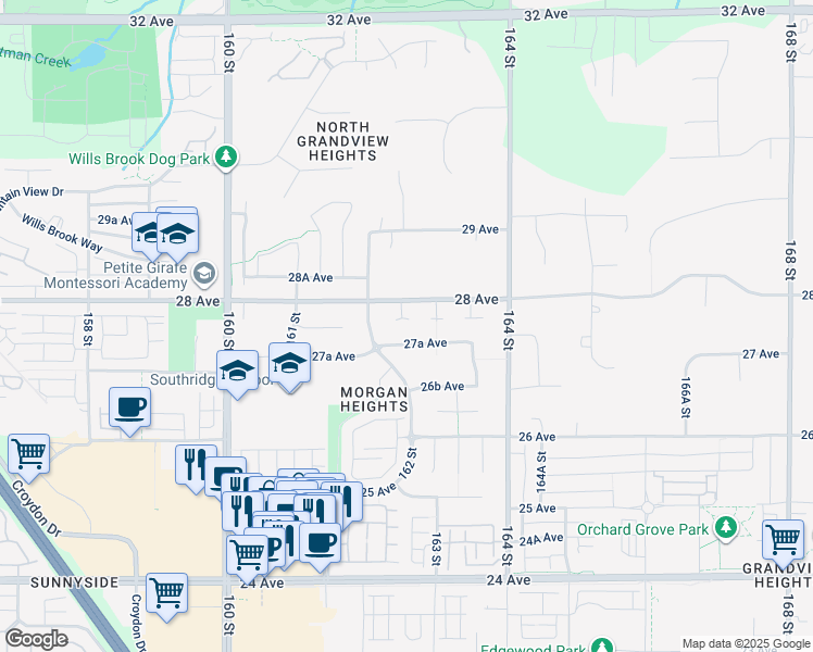 map of restaurants, bars, coffee shops, grocery stores, and more near 2760 162A Street in Surrey