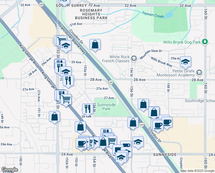 map of restaurants, bars, coffee shops, grocery stores, and more near 15473 27A Avenue in Surrey
