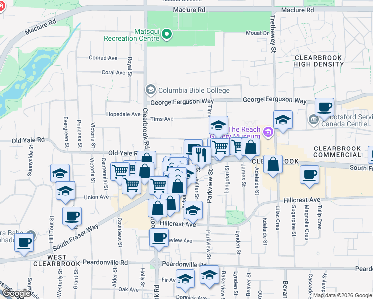 map of restaurants, bars, coffee shops, grocery stores, and more near 32119 Old Yale Road in Abbotsford