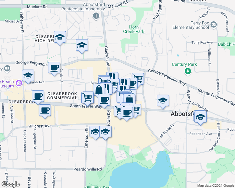 map of restaurants, bars, coffee shops, grocery stores, and more near in Abbotsford