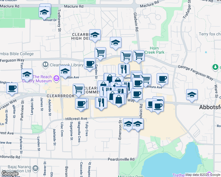 map of restaurants, bars, coffee shops, grocery stores, and more near 32676 South Fraser Way in Abbotsford